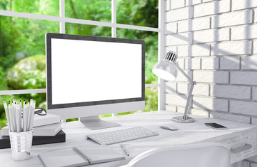 Fototapeta premium 3D illustration PC screen on table in office, Workspace