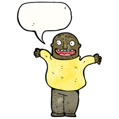 cartoon happy bald man shrugging shoulders