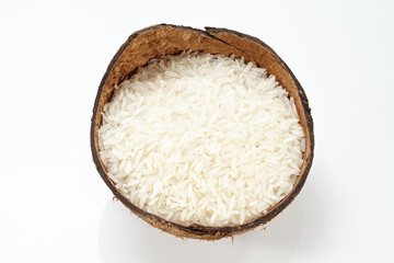 Rice on coconut isolate on white background.