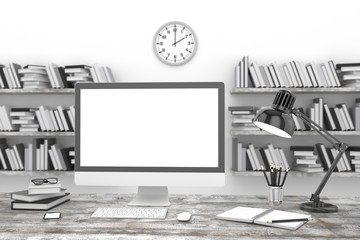 3D illustration PC screen on table in office, Workspace