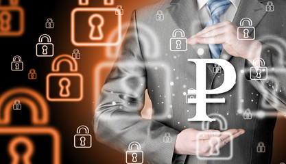 businessman protecting ruble  symbol