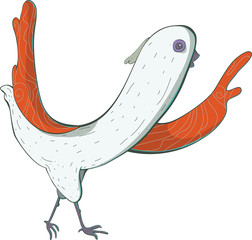 Funny bird with raised wings on white, vector horizontal illustration, colored, cute.