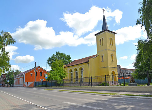 View of Mendeleyev Street and Salzburg Lutheran Lutheran church.