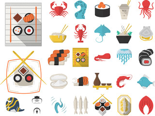 Collection of 29 flat icons for seafood