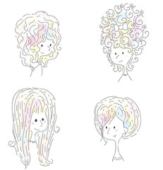 Vector illustration of four girls with different hairstyles, longhaired, pastel, sketches on white