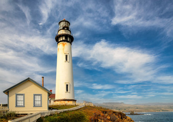 Fototapeta na wymiar Lighthouse on the California coast Pigeon point Lighthouse in Cabrillo Hwy 