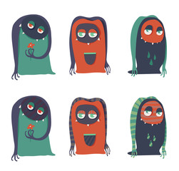 Simple flat colored monsters, isolated on white. Vector illustration.