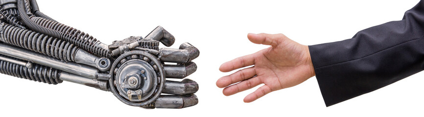 man hand  handshake with cy-ber robot isolated on white backgrou