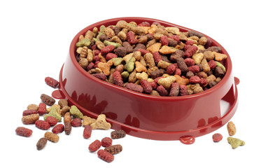 Multicolored dry cat or dog food in red bowl isolated on white b