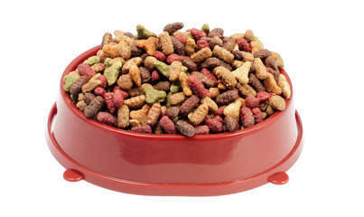 Multicolored dry cat or dog food in red bowl isolated on white b