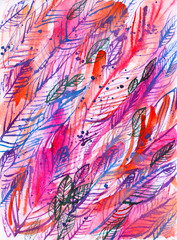 composition of pink-blue feathers and spots, abstract watercolor background