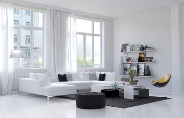 Fototapeta na wymiar Large spacious white living room interior