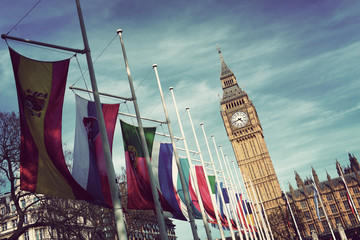 Row of International Flags in front of Big Ben