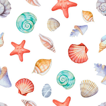 Watercolor seamless pattern with sea shells