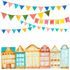 Obraz premium Watercolor of the house and flags