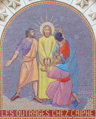 Jerusalem - mosaic of scene Jesus before of Sanhedrin