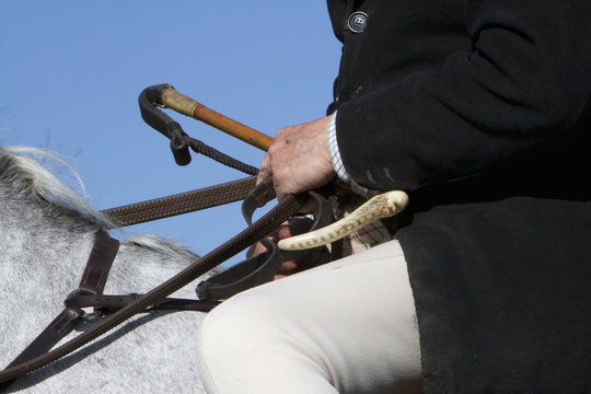 A man in hunting jacket and breeches, with riding crop seated on horseback. 