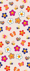 Seamless pattern with pretty flowers and bees. 