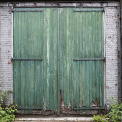 Obraz na płótnie Canvas large old barn doors with peeling green paint