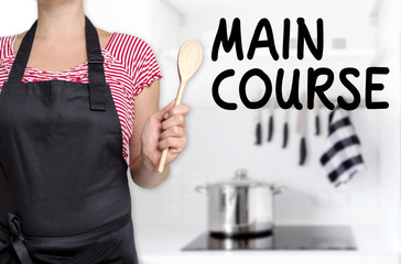 Main course cook holding wooden spoon background