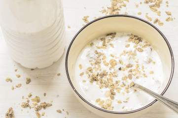 Muesli with yogurt on the table