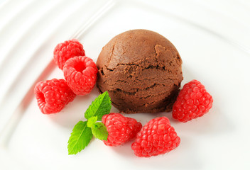 Chocolate ice cream with fresh raspberries