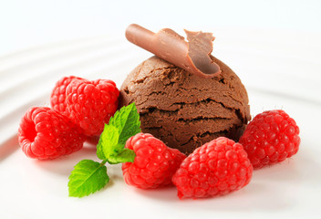 Chocolate ice cream with fresh raspberries