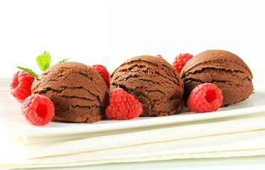 Chocolate ice cream with fresh raspberries