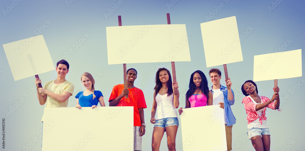 Wall mural group friends outdoors placard expression cheering team concept - Wall murals