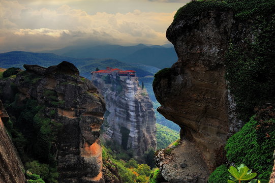 Monastery in the mountains in the distance, Meteora, Greece