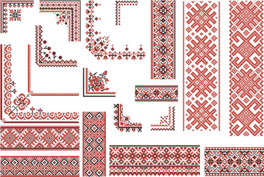 Set Of Patterns For Embroidery Stitch. Borders And Frames