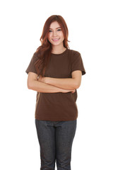 Fototapeta premium woman with arms crossed, wearing t-shirt