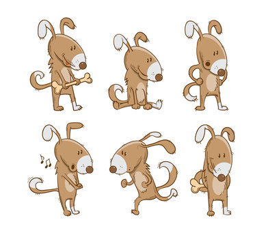 Set with six cute cartoon puppies in different poses.