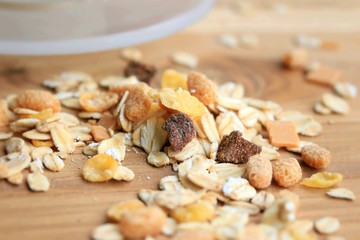 Oat flakes on a wooden background