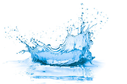 blue water splash with a reflection isolated on white background