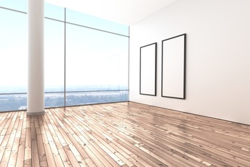 Fototapeta premium Raum Galerie hell modern mit Bilderrahmen hoch