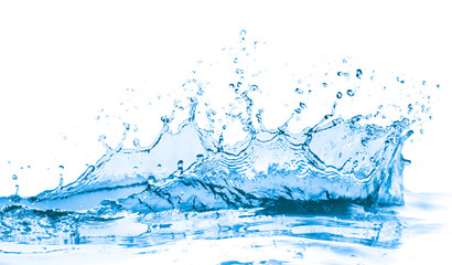 blue water splash with a reflection isolated on white background