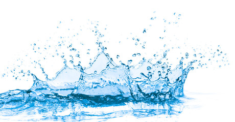 blue water splash with a reflection isolated on white background