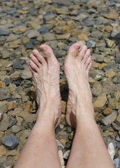 relaxing tired feet on the shore of the Lake in the mountains