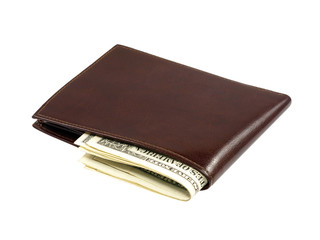 Purse and dollar bills isolated on white background.