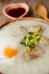 Porridge with egg and liver.