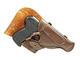 Black pistol in holster isolated on white background.