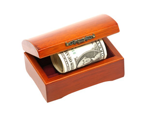 Wooden chest with dollars bill.Isolated.