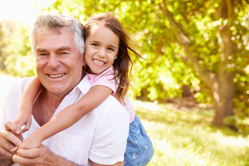 Fototapeta premium Grandfather having fun outdoors with his granddaughter, portrait