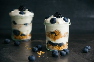 Sahnedessert mit Heidelbeeren und Brommbeeren