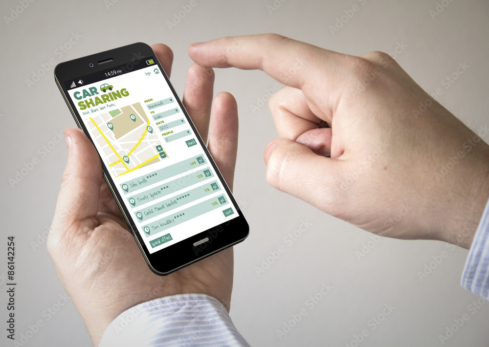 Poster touchscreen smartphone with car sharing app on the screen