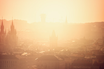 Prague Cityscape on Misty Morning, Retro Toned