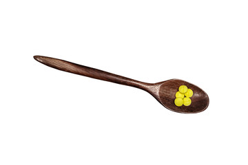 pill and Wooden Spoon on white background