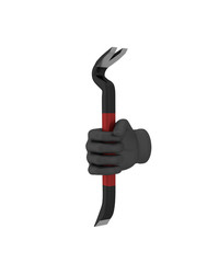 Hand in a black glove holding a crowbar. 3d render. White backgr