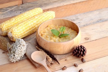 Corn soup of condensed in a wooden bowl